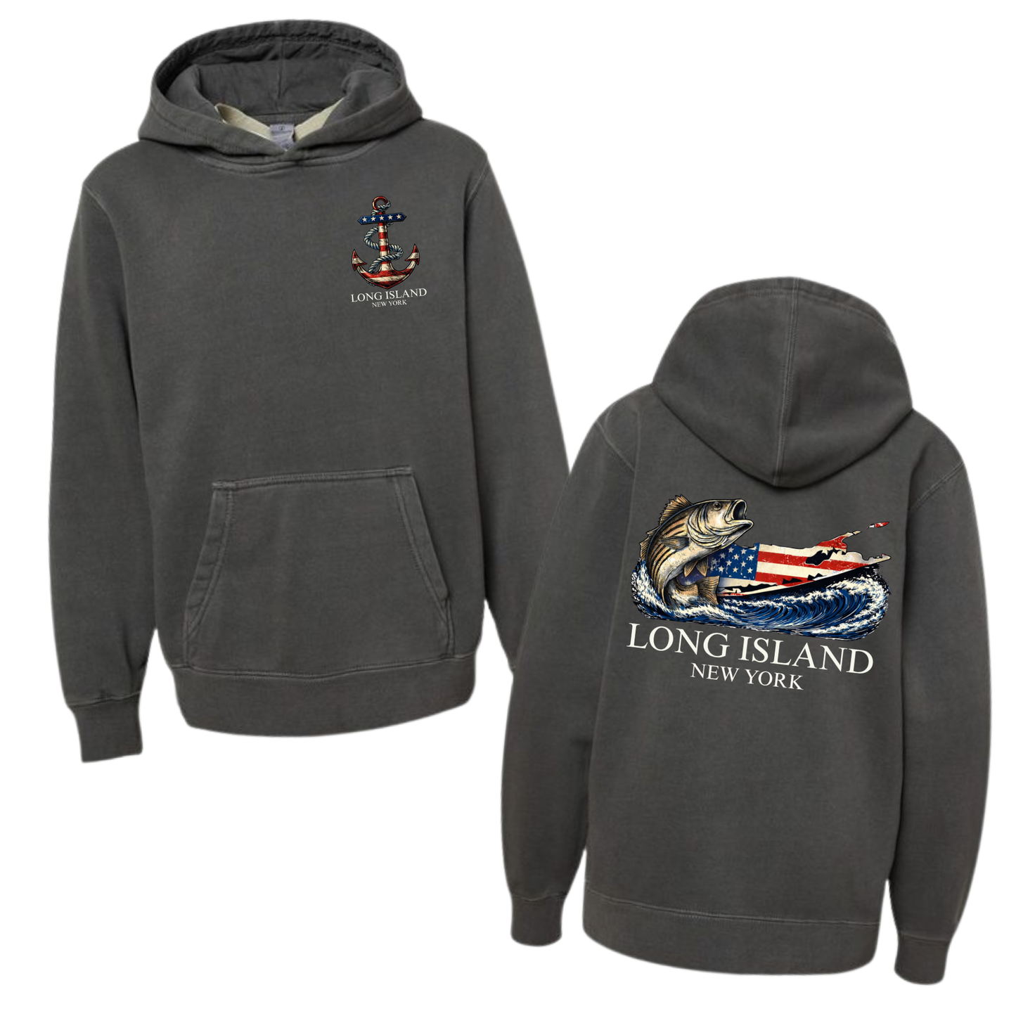 Long Island Striper - YOUTH Tee + Hoodie – Premium Garment-Dyed – Washed Charcoal | Salt + Shore