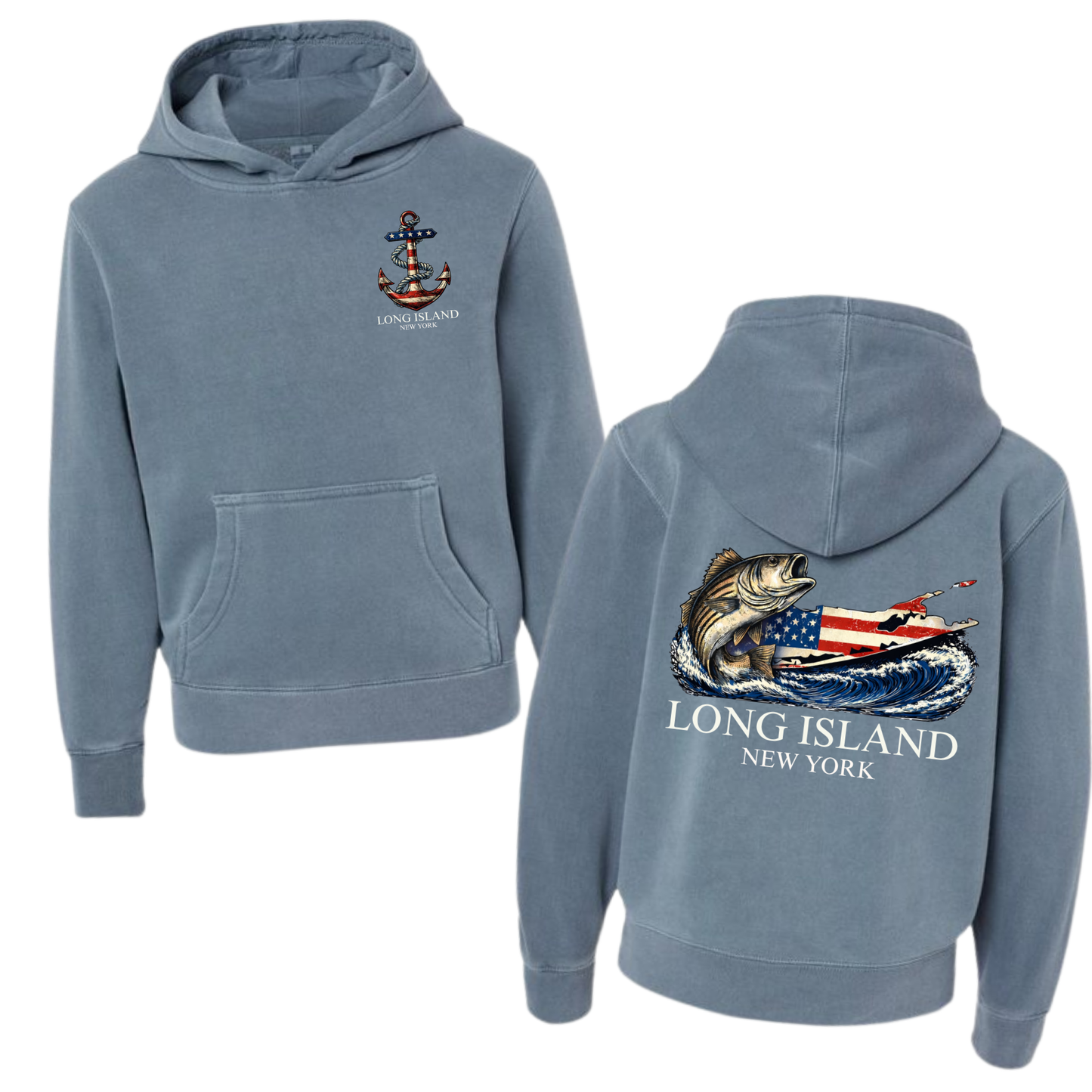 Long Island Striper - YOUTH Tee + Hoodie – Premium Garment-Dyed – Washed Indigo | Salt + Shore