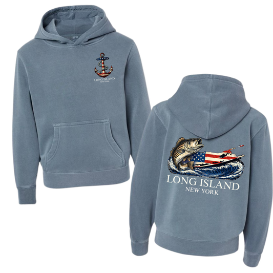 Long Island Striper - YOUTH Tee + Hoodie – Premium Garment-Dyed – Washed Indigo | Salt + Shore