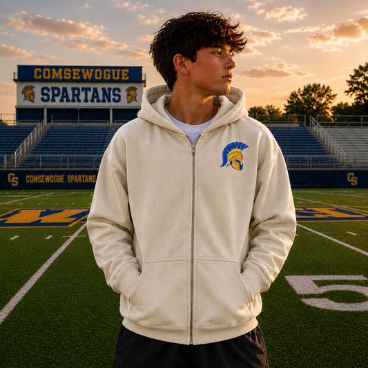 Comsewogue Gridiron Full Zip Up Hoodie – Premium Garment-Dyed – Bone | Comsewogue Football | Salt + Shore