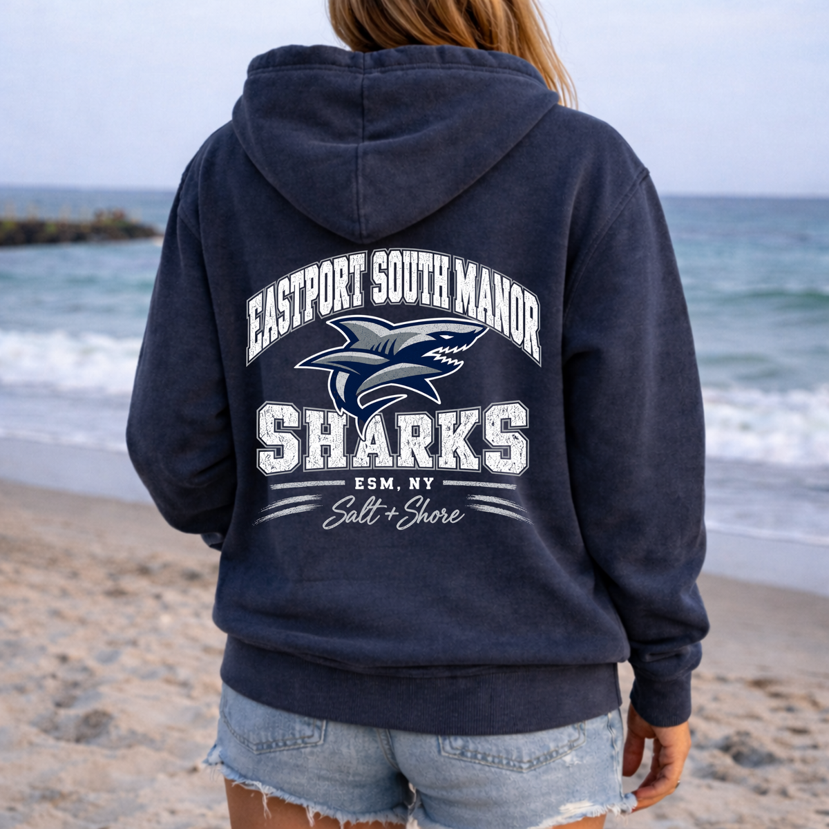 ESM Sharks Varsity Full Zip Up Hoodie – Premium Garment-Dyed – Washed Navy | ESM Sharks |Salt + Shore