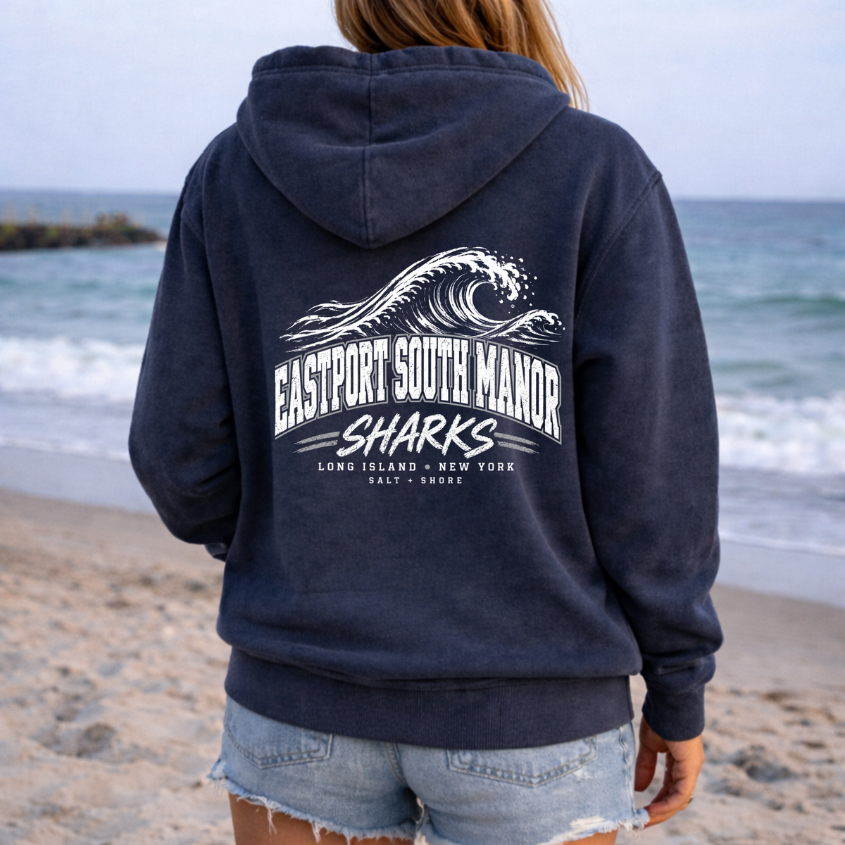 ESM Shark Break Full Zip Up Hoodie – Premium Garment-Dyed – Washed Navy | ESM Sharks |Salt + Shore