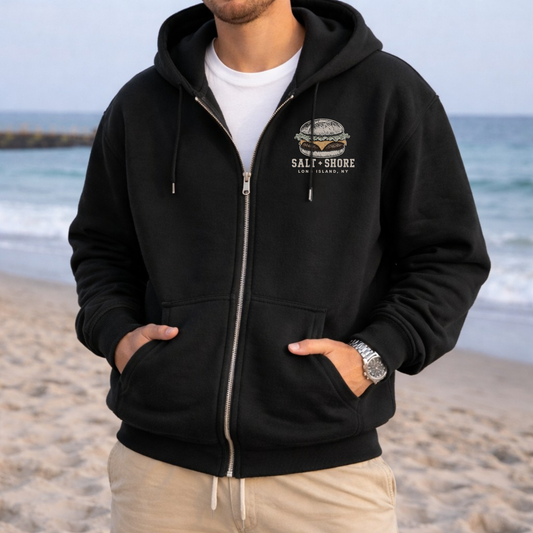 Eat Local: Long Island Full Zip Up Hoodie – Premium Garment-Dyed – Washed Black | Salt + Shore