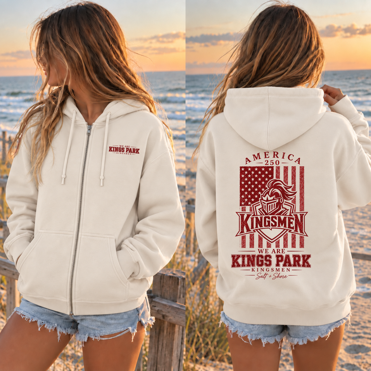 America 250: We Are Kings Park Full Zip Up Hoodie – Premium Garment-Dyed – Bone | Kings Park | Salt + Shore