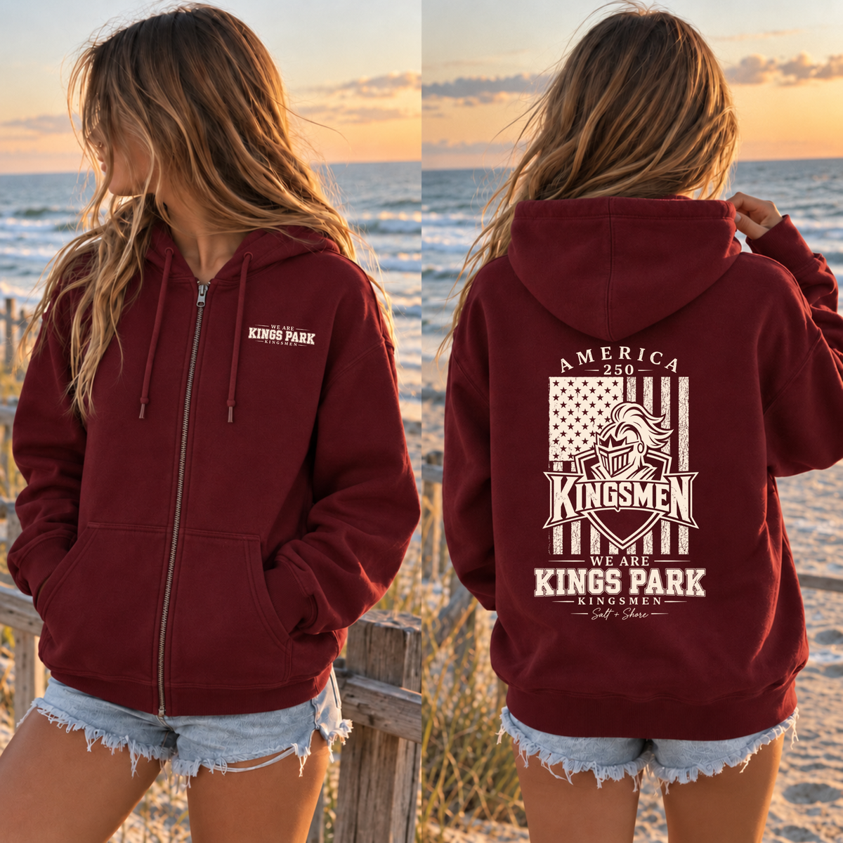 America 250: We Are Kings Park Full Zip Up Hoodie – Premium Garment-Dyed – Harbor Maroon | Kings Park | Salt + Shore