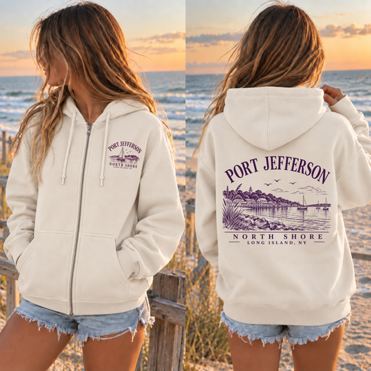 Port Jefferson Harbor Heritage Full Zip Up Hoodie – Premium Garment-Dyed – Bone | Port Jeff | Salt + Shore