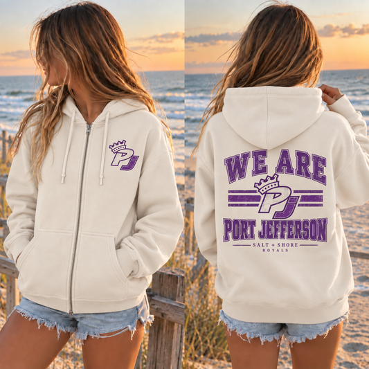We Are Port Jeff Full Zip Up Hoodie – Premium Garment-Dyed – Bone | Port Jeff | Salt + Shore