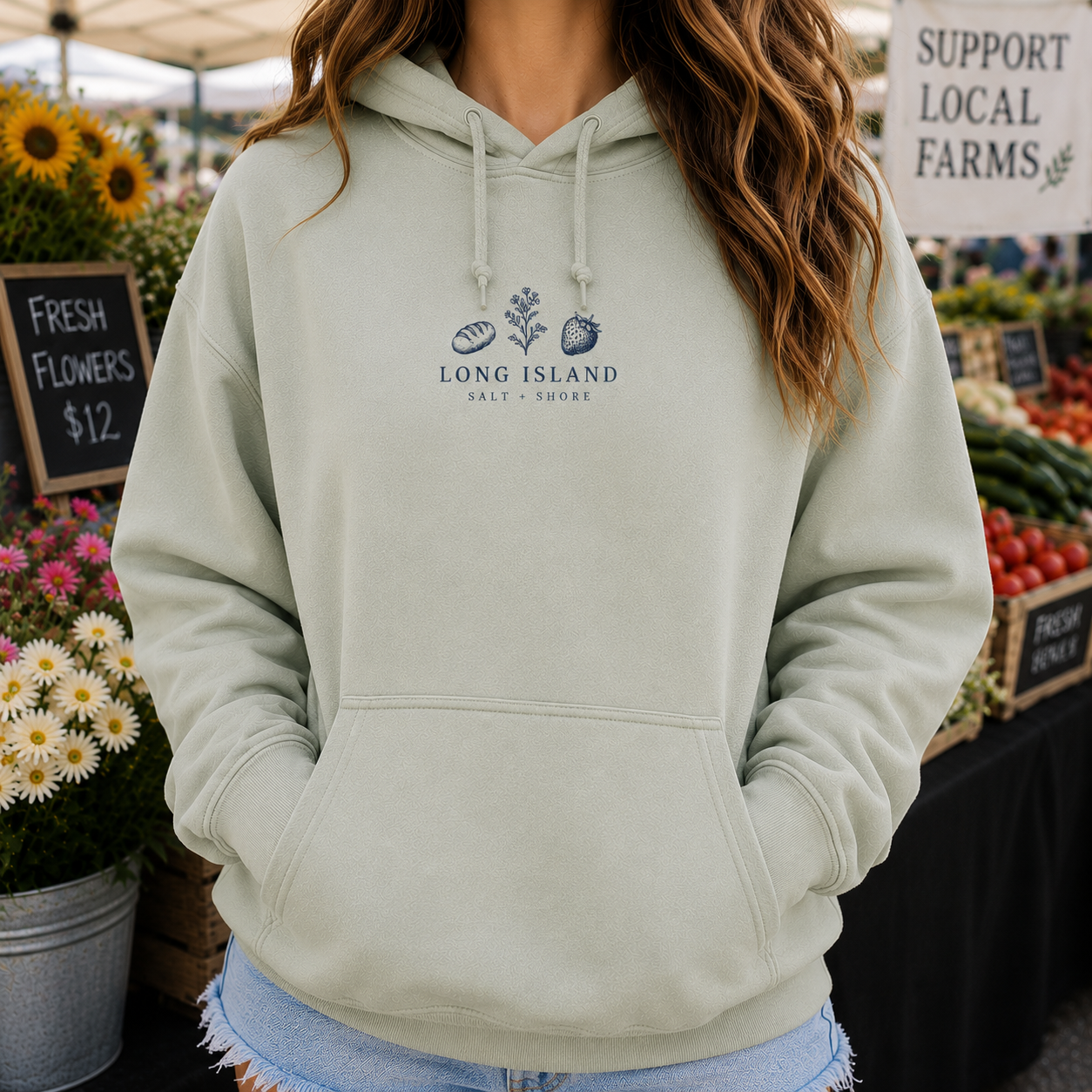 Long Island Farmers Market Hoodie – Premium Garment-Dyed – Sea Glass | Salt + Shore